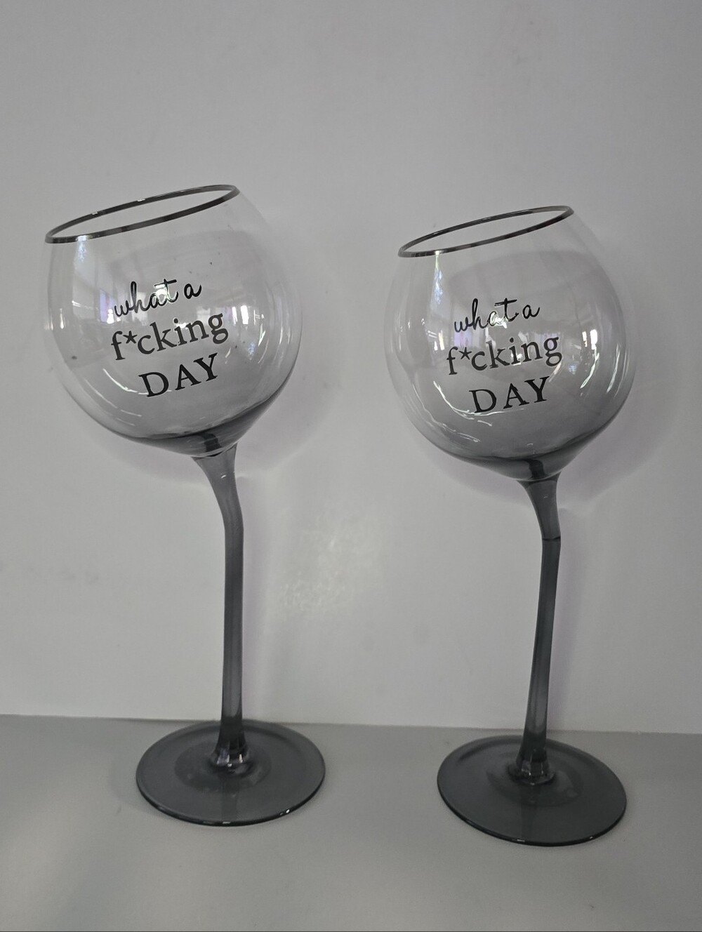 Sassy Funny 2 Pack "What A F*cking Day" Wine Glasses Smoked Grey Bent Stem
